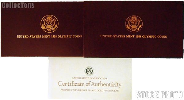 1988 Seoul Olympiad Commemorative Proof Silver Dollar and Gold Five Dollar Two Coin Set Set OGP Replacement Box and COA