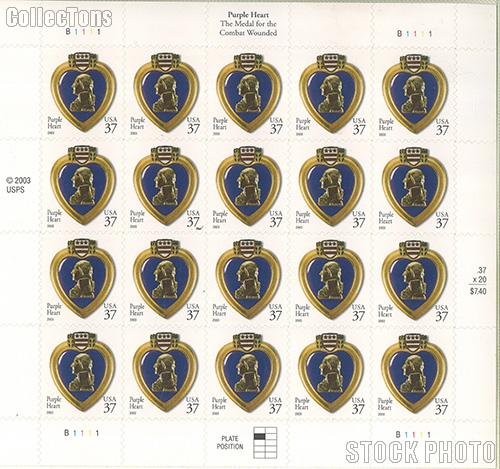2003 United States Purple Heart 37 Cent US Postage Stamp Unused Sheet of 20 Scott #3784