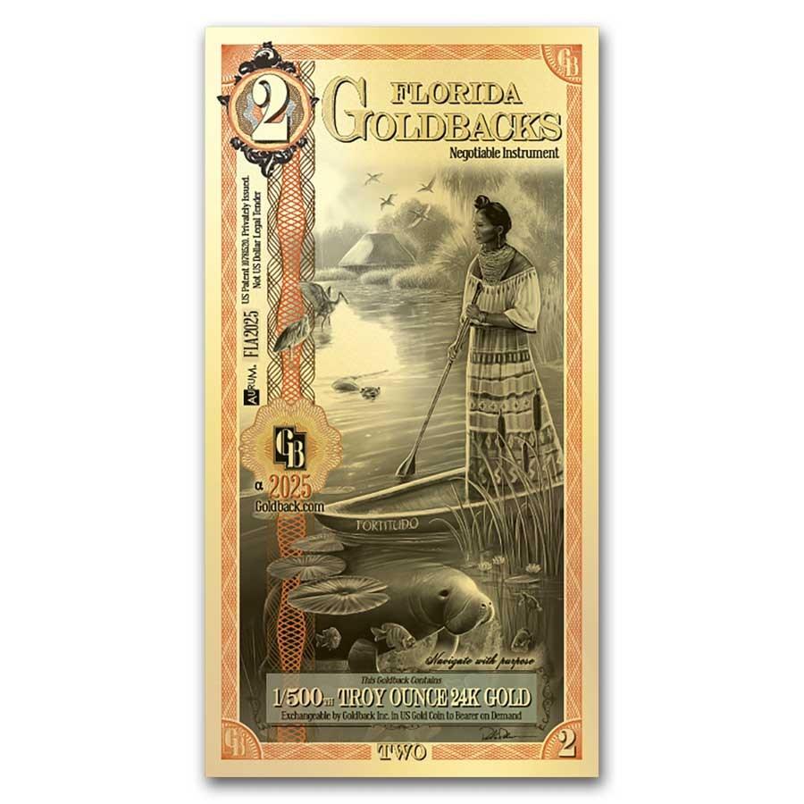 2 Florida Goldback Gold Foil Note 1/500 Troy Oz (24K)